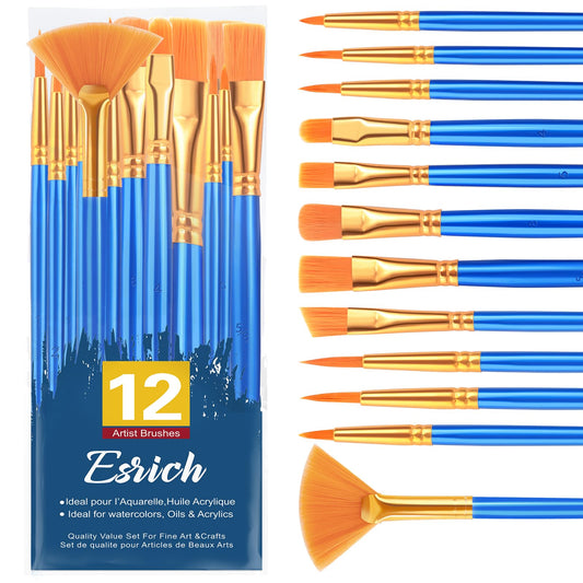 ESRICH Paint Brushes Set,1pack/12pcs Nylon Hair Round-Pointed Tip Acrylic Paint Brushes for Watercolor Oil Rock Face Painting,12 Sizes Paint Brush for All Purposes Kids Adult Arts Painting Brush Kits
