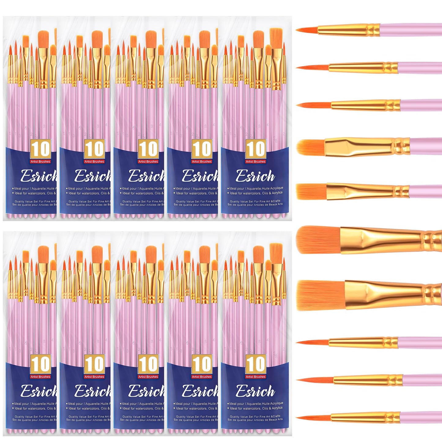ESRICH Acrylic Paint Brushes Set, 10 Packs/ 100 Pcs Watercolor Brushes,Nylon Brush Head, for Oil Painting, Gouache, Face,Ceramics etc, Kid's and Adults Painting Arts and Crafts Paint Sets
