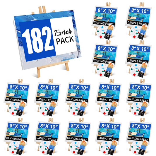ESRICH 182 Pack Canvas with Easel Set 8 x 10 in Canvas Boards with 11.8 in Wooden Easels, Paint Brushes Canvas Panel Painting Kit for Acrylic Oil Watercolor Beginners Art Crafts Sip and Paint Party
