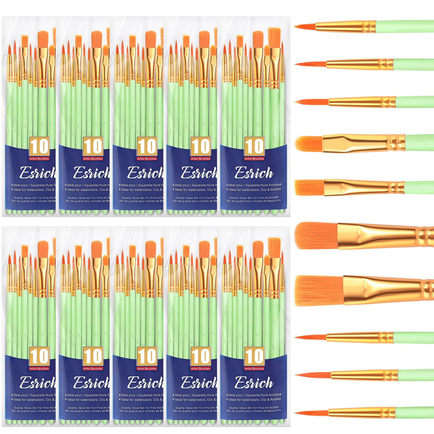ESRICH Paint Brushes Set,10 Packs 100 Pcs Acrylic Paint Brush Set,Acrylic Oil Watercolor, Face Nail Art, Miniature Detailing,Rock Painting,Painting Artist Professional Kits(Green)
