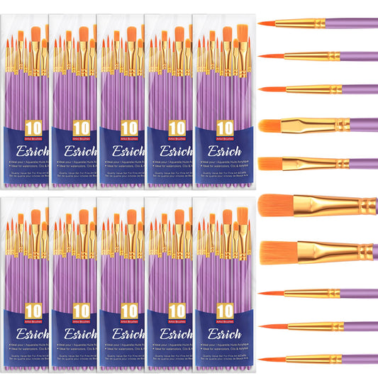 ESRICH Acrylic Paint Brushes Set, 10 Packs/ 100 Pcs Watercolor Brushes,Nylon Brush Head, for Oil Painting, Gouache, Face,Ceramics etc, Kid's and Adults Painting Arts and Crafts Paint Sets