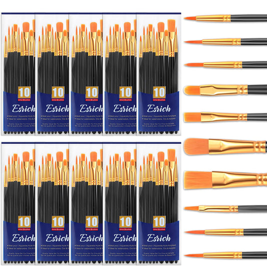ESRICH Acrylic Paint Brushes Set, 10 Packs/ 100 Pcs Watercolor Brushes,Nylon Brush Head, for Oil Painting, Gouache, Face,Ceramics etc, Kid's and Adults Painting Arts and Crafts Paint Sets