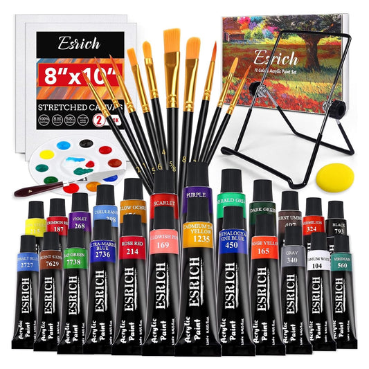 ESRICH 40PCS Acrylic Paint Set, Art Painting Supplies Kit with 24 Paints, 2 Canvas Panels,10 Brushes, Table Metal Easel Etc, Premium Paint Set for Students, Artists and Beginner