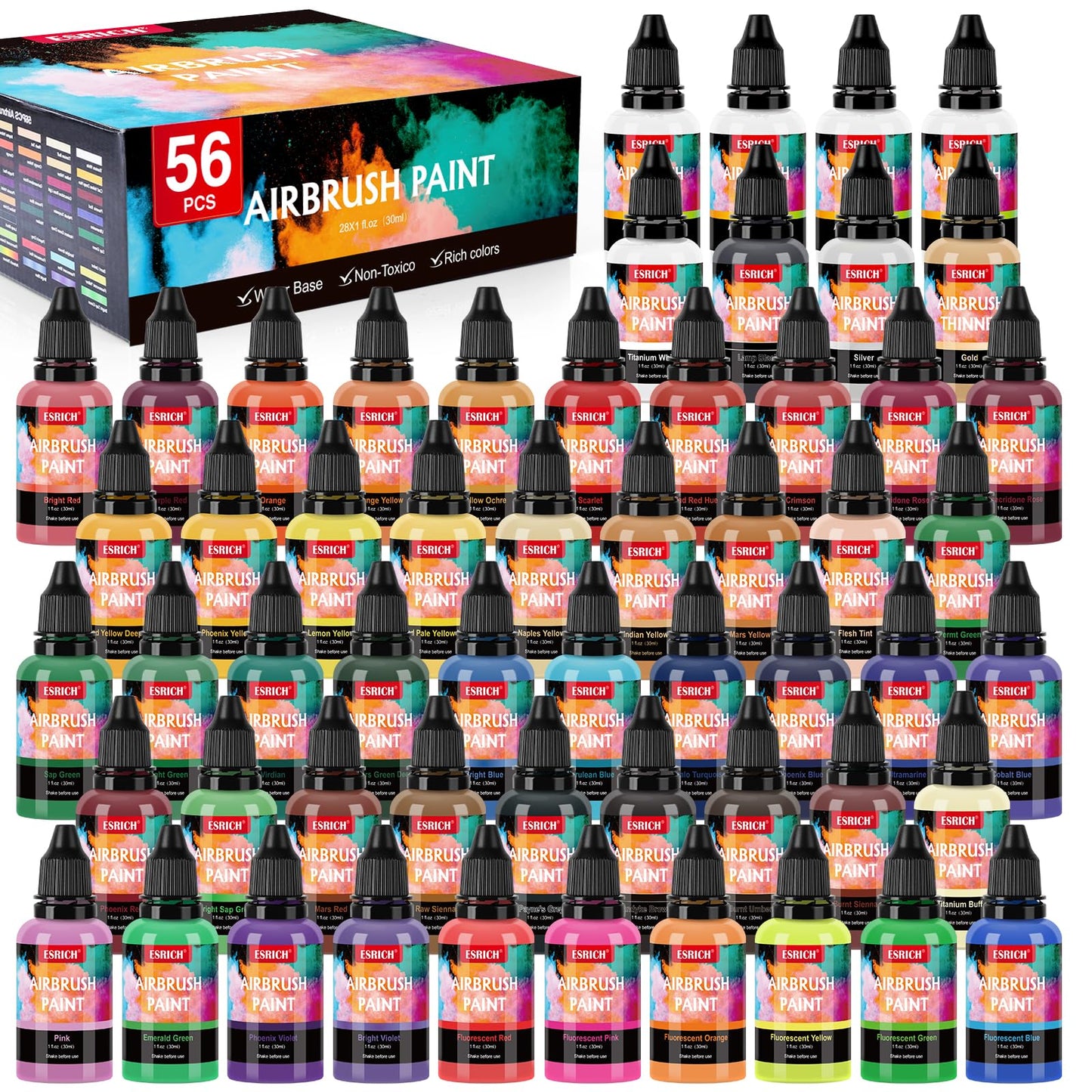 ESRICH Airbrush Paint 52 Colors (1 oz) with 4 Thinner,Air Brush Painting Set Acrylic Ready to Spray, Air Brushes Paint,Water-Based Airbrush Paint Set for Metal,Plastic,Canvas,Wood,Air brush Paint Kit