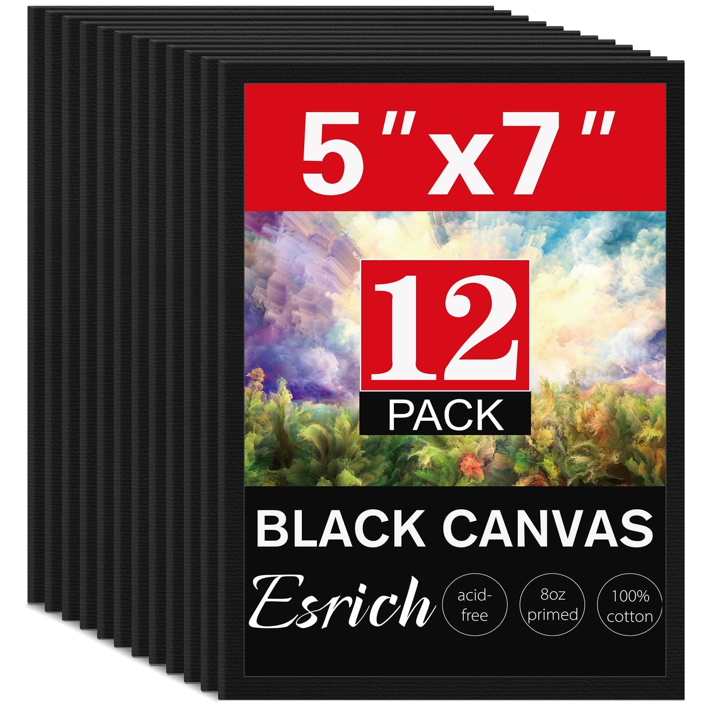 ESRICH 5x7 Canvas for Painting, 12 Pack Small Canvases for Painting Canvas Primed Acid-Free Black Canvas Panels for Oil, Acrylic Paint and Tempera.