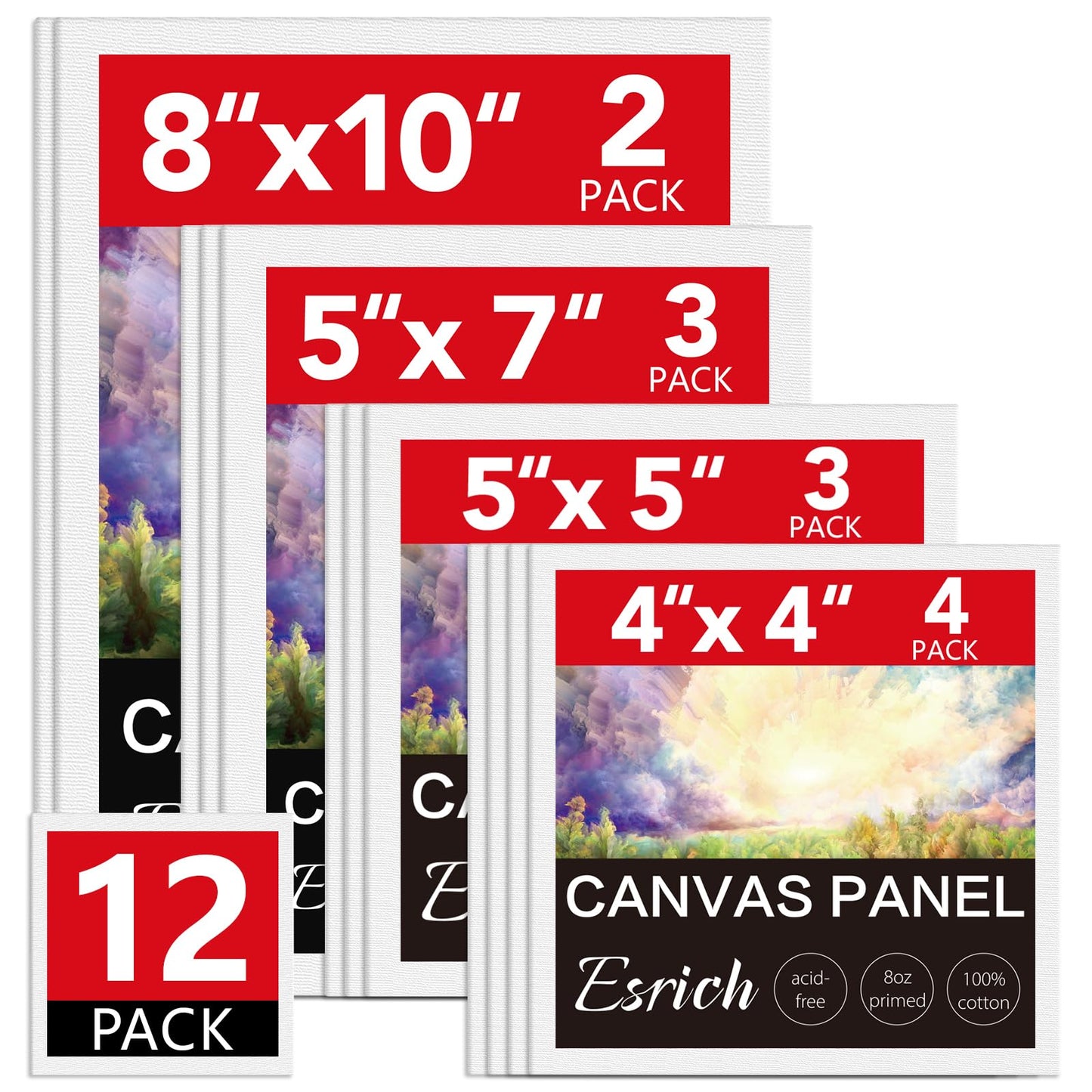 ESRICH Canvas Boards for Painting 12 Pack Art Supplies Paint Canvas 4x4, 5x5, 5x7, 8x10 Blank Large Canvases for Painting-Cotton Primed Canvas Panels for Acrylic, Oil, Gouache & Tempera.