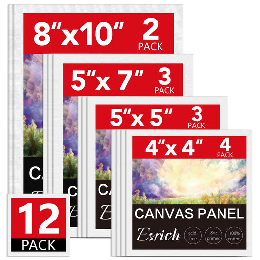 ESRICH Canvas Boards for Painting 12 Pack Art Supplies Paint Canvas 4x4, 5x5, 5x7, 8x10 Blank Large Canvases for Painting-Cotton Primed Canvas Panels for Acrylic, Oil, Gouache & Tempera.