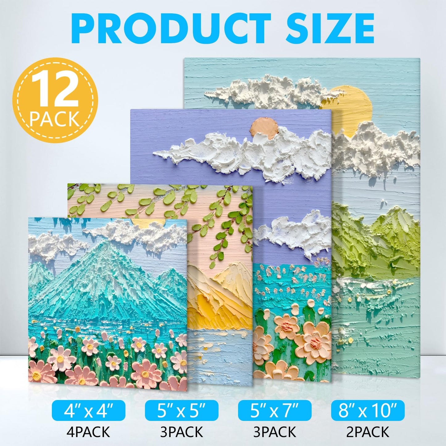 ESRICH Canvas Boards for Painting 12 Pack Art Supplies Paint Canvas 4x4, 5x5, 5x7, 8x10 Blank Large Canvases for Painting-Cotton Primed Canvas Panels for Acrylic, Oil, Gouache & Tempera.