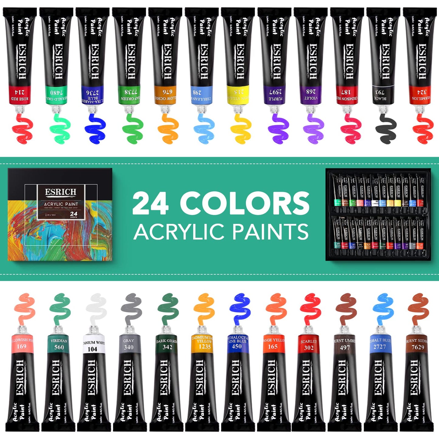 ESRICH 40PCS Acrylic Paint Set, Art Painting Supplies Kit with 24 Paints, 2 Canvas Panels,10 Brushes, Table Metal Easel Etc, Premium Paint Set for Students, Artists and Beginner