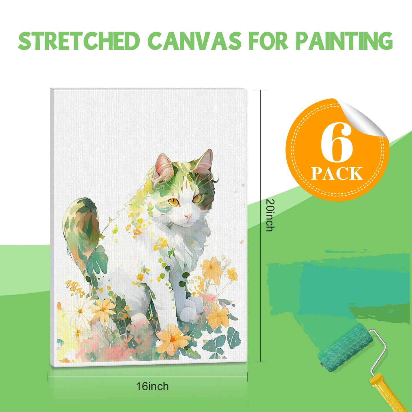 ESRICH Stretched Canvas for Painting 16x20 Inch, 6Pack Large Canvas for Painting, Primed Acid-Free Cotton Blank Canvases, Art Paint Canvases for Oil Paint,Watercolor,Acrylic Paint,Gouache and Tempera.