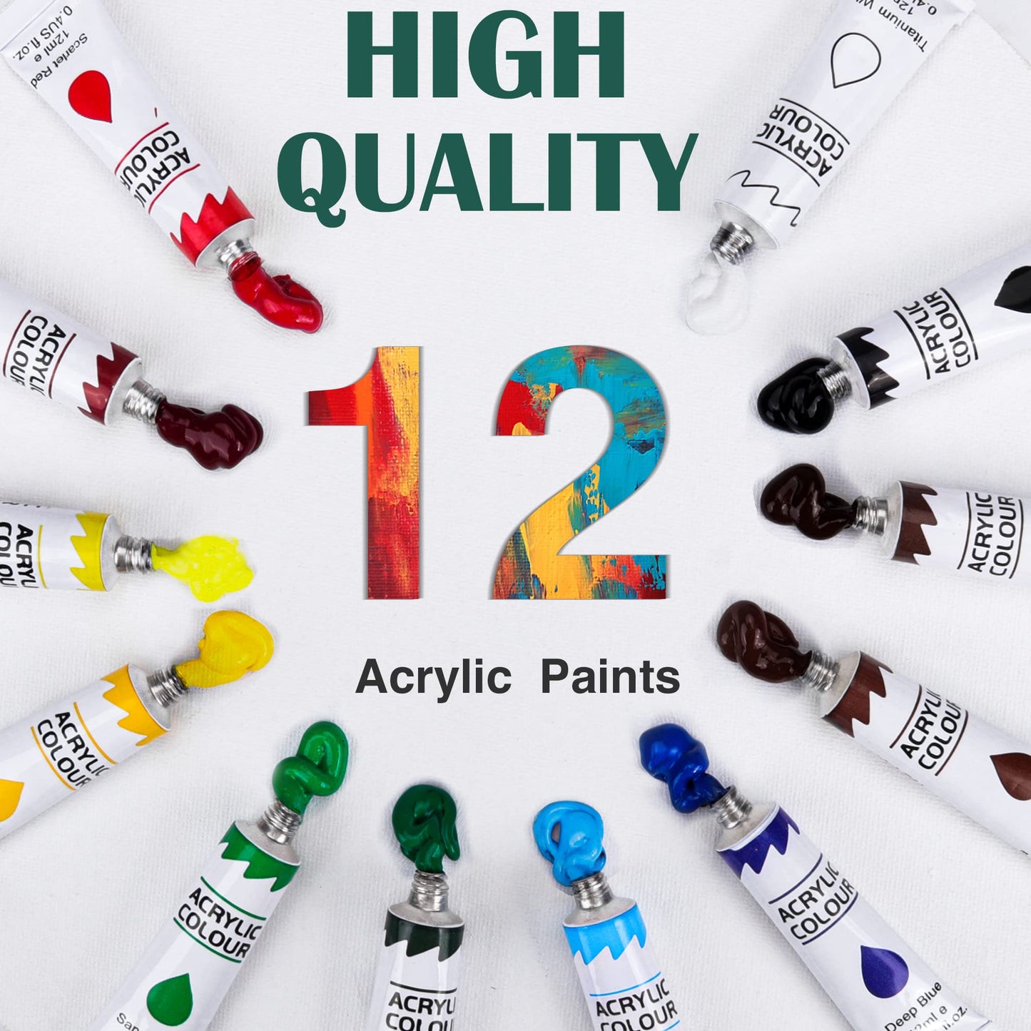 ESRICH Acrylic Paint Set,Paint Set with 10 Paint Brushes12 Color 12ml Acrylic Paint,1 Palettes and 4 Pcs Canvas for Students, Artists and Beginner Art Supplies