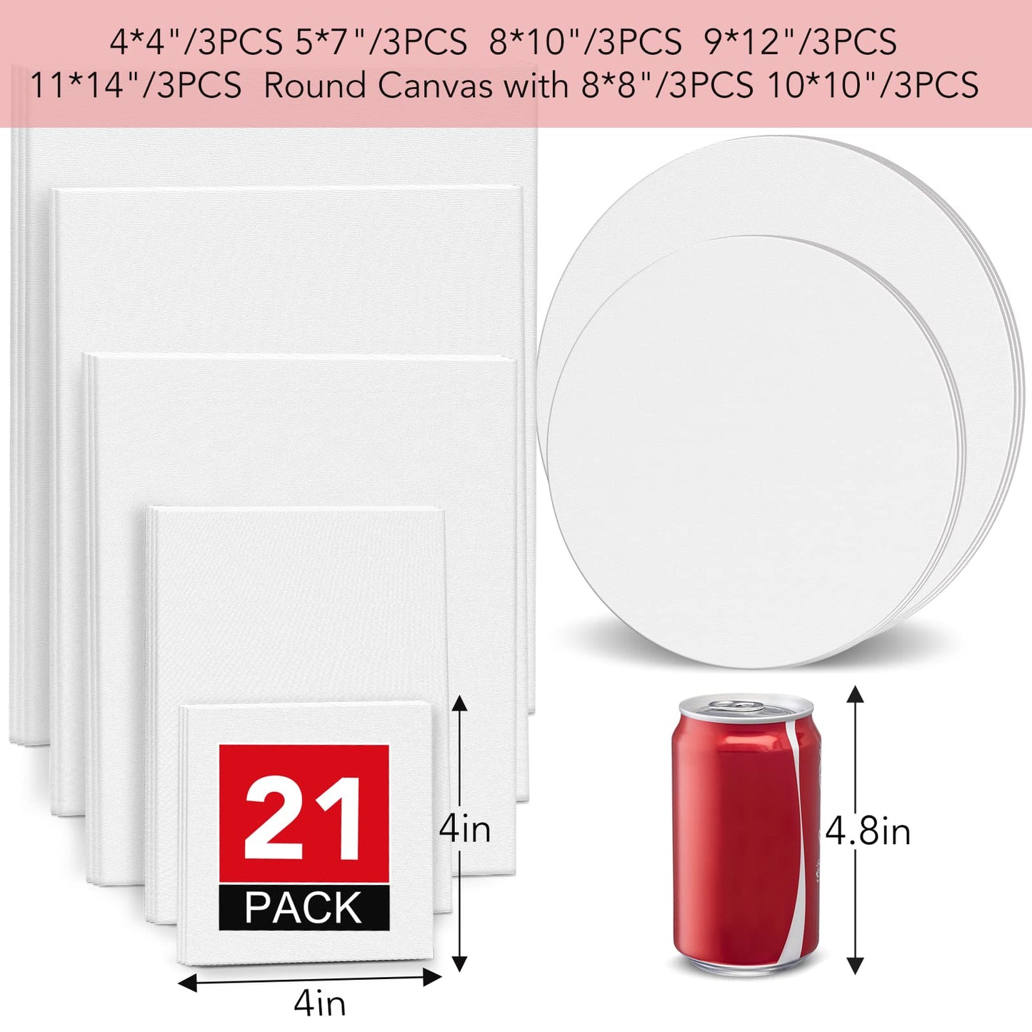 ESRICH Canvas Boards for Painting-21 Pack Blank Flat Canvas Boards-4x4, 5x7, 8x10, 9x12, 11x14, Round Canvas D8, D10, Cotton Primed Canvas Panels, Painting Canvas for Oil, Acrylic, Watercolor.