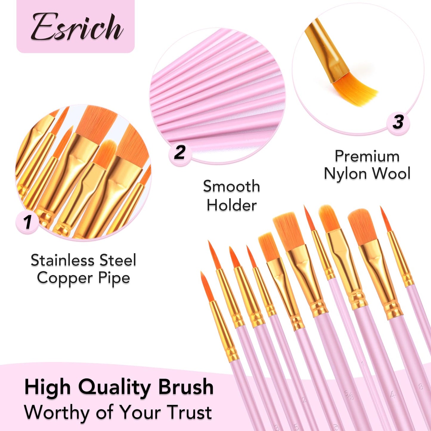 ESRICH Acrylic Paint Brushes Set, 10 Packs/ 100 Pcs Watercolor Brushes,Nylon Brush Head, for Oil Painting, Gouache, Face,Ceramics etc, Kid's and Adults Painting Arts and Crafts Paint Sets