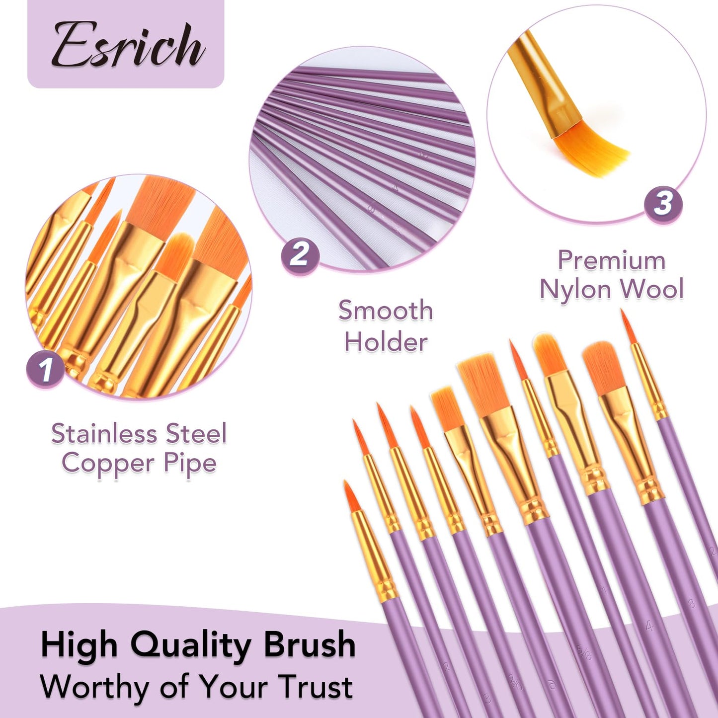 ESRICH Acrylic Paint Brushes Set, 10 Packs/ 100 Pcs Watercolor Brushes,Nylon Brush Head, for Oil Painting, Gouache, Face,Ceramics etc, Kid's and Adults Painting Arts and Crafts Paint Sets