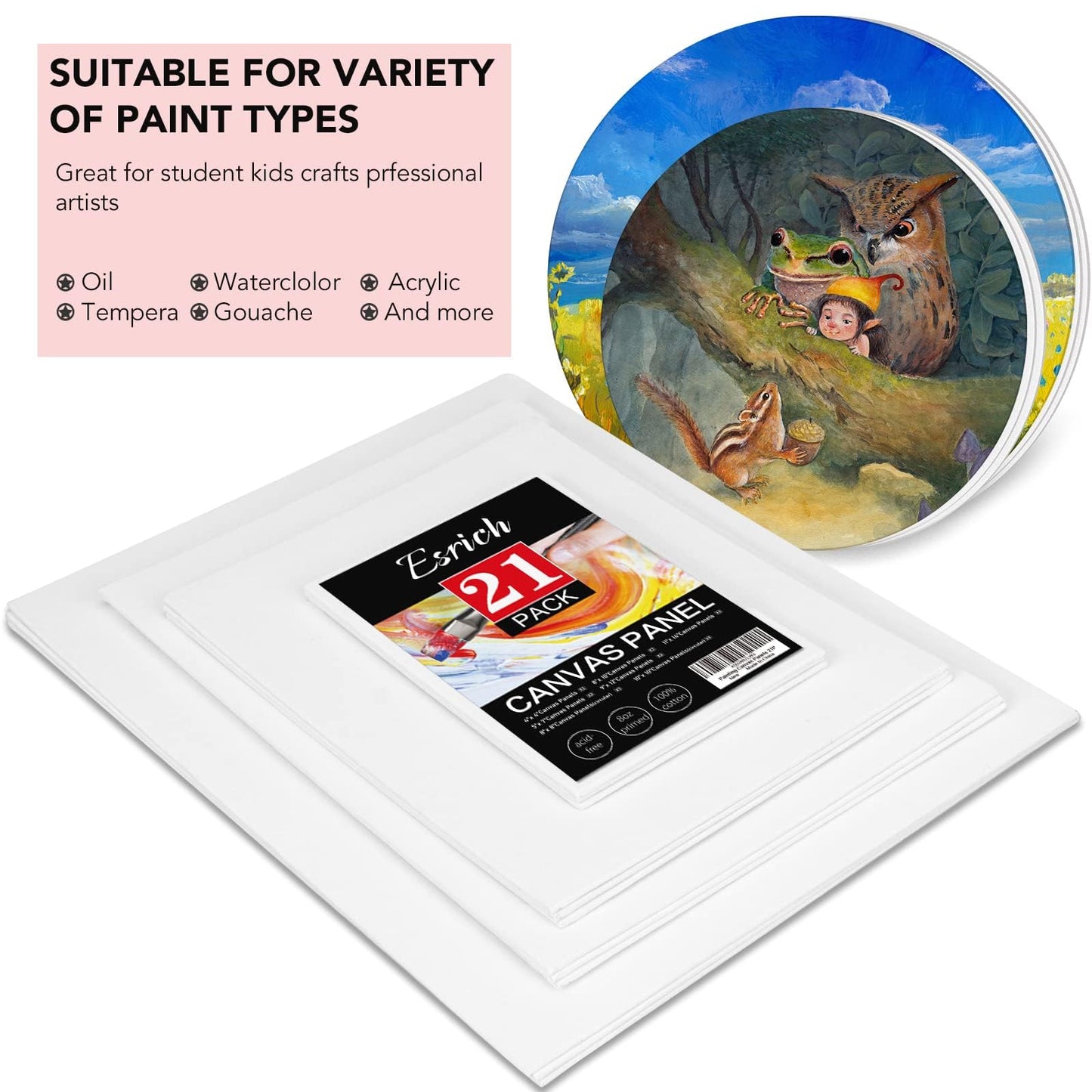 ESRICH Canvas Boards for Painting-21 Pack Blank Flat Canvas Boards-4x4, 5x7, 8x10, 9x12, 11x14, Round Canvas D8, D10, Cotton Primed Canvas Panels, Painting Canvas for Oil, Acrylic, Watercolor.