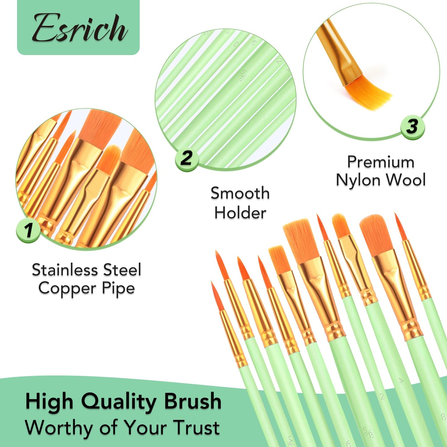ESRICH Paint Brushes Set,10 Packs 100 Pcs Acrylic Paint Brush Set,Acrylic Oil Watercolor, Face Nail Art, Miniature Detailing,Rock Painting,Painting Artist Professional Kits(Green)
