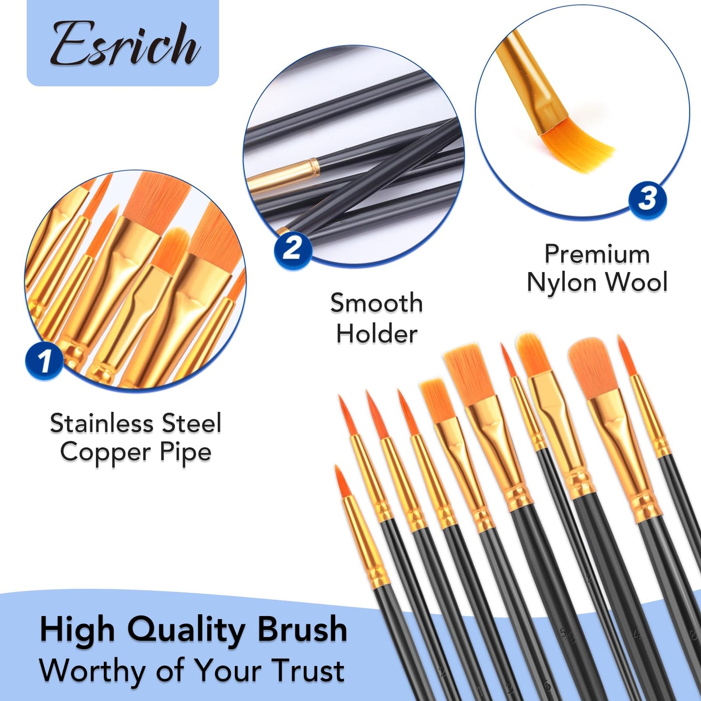 ESRICH Acrylic Paint Brushes Set, 10 Packs/ 100 Pcs Watercolor Brushes,Nylon Brush Head, for Oil Painting, Gouache, Face,Ceramics etc, Kid's and Adults Painting Arts and Crafts Paint Sets