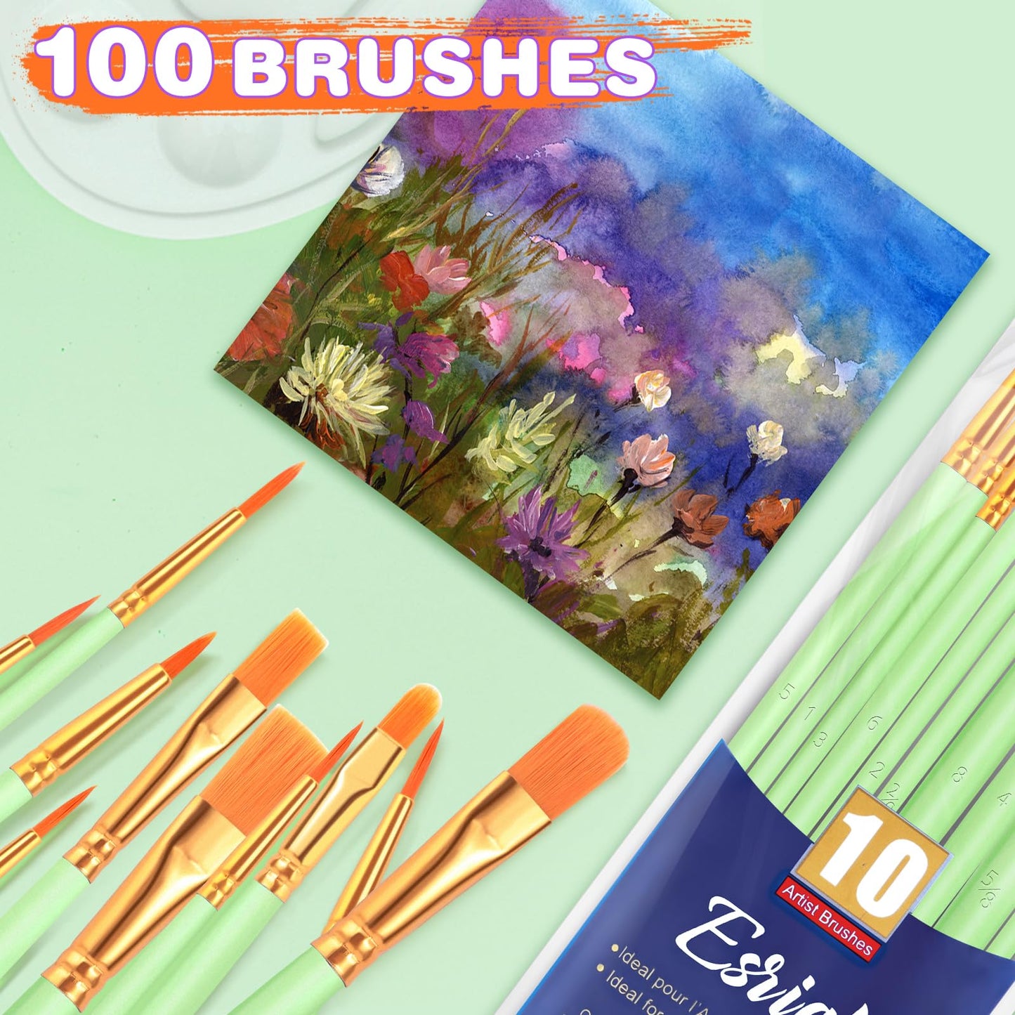 ESRICH Paint Brushes Set,10 Packs 100 Pcs Acrylic Paint Brush Set,Acrylic Oil Watercolor, Face Nail Art, Miniature Detailing,Rock Painting,Painting Artist Professional Kits(Green)