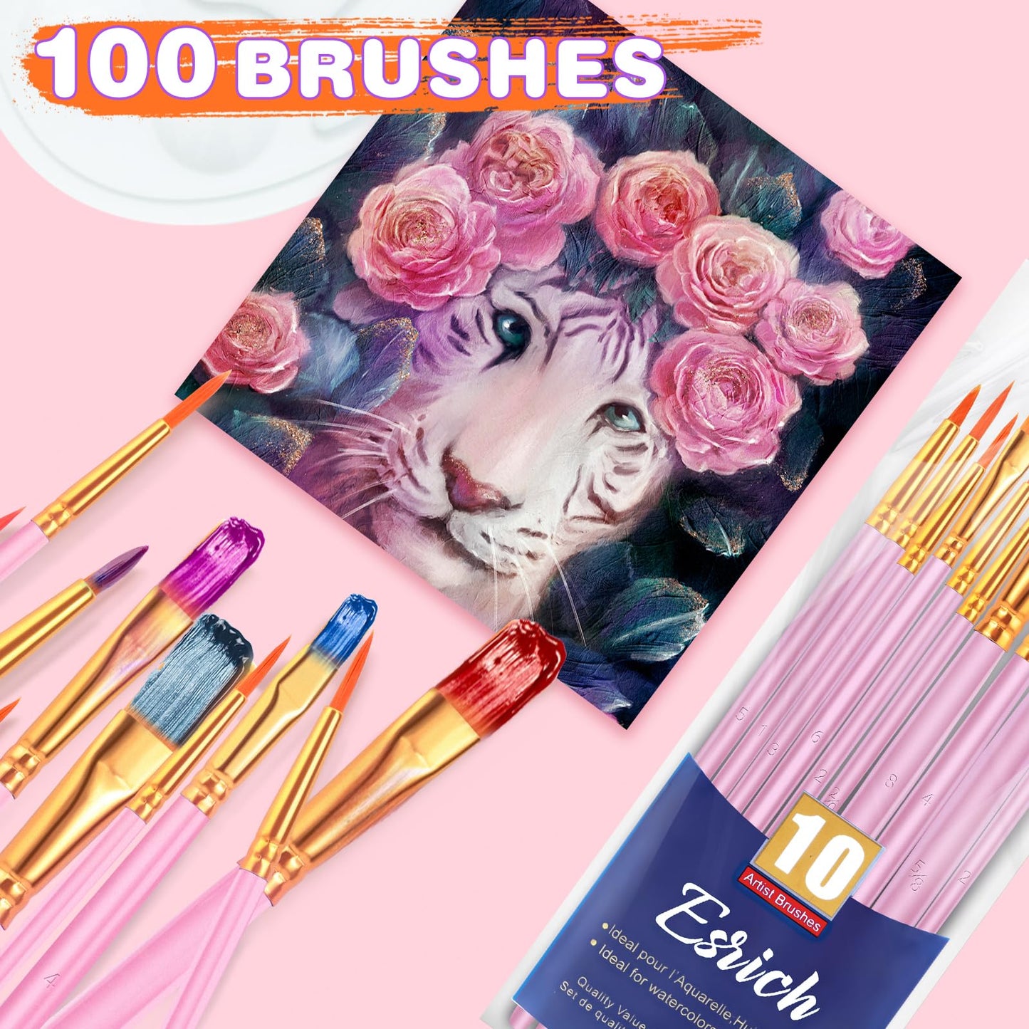 ESRICH Acrylic Paint Brushes Set, 10 Packs/ 100 Pcs Watercolor Brushes,Nylon Brush Head, for Oil Painting, Gouache, Face,Ceramics etc, Kid's and Adults Painting Arts and Crafts Paint Sets
