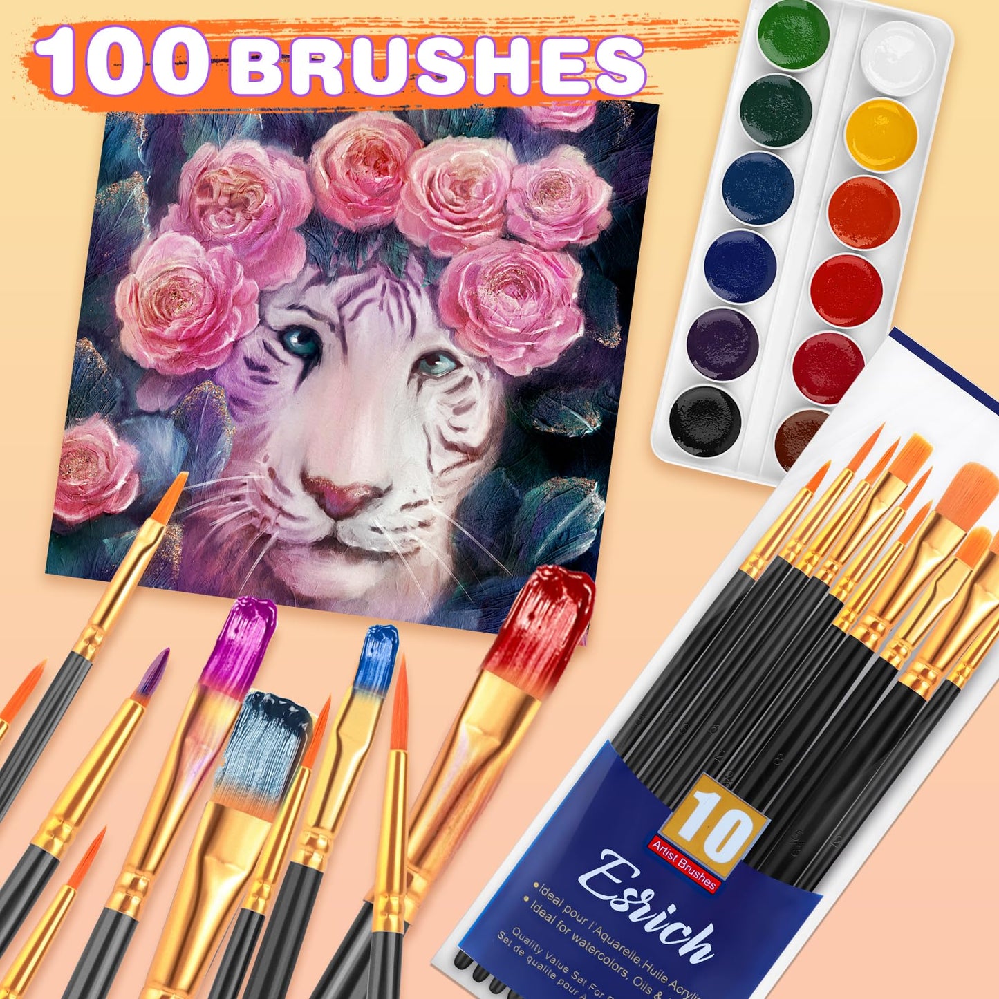 ESRICH Acrylic Paint Brushes Set, 10 Packs/ 100 Pcs Watercolor Brushes,Nylon Brush Head, for Oil Painting, Gouache, Face,Ceramics etc, Kid's and Adults Painting Arts and Crafts Paint Sets