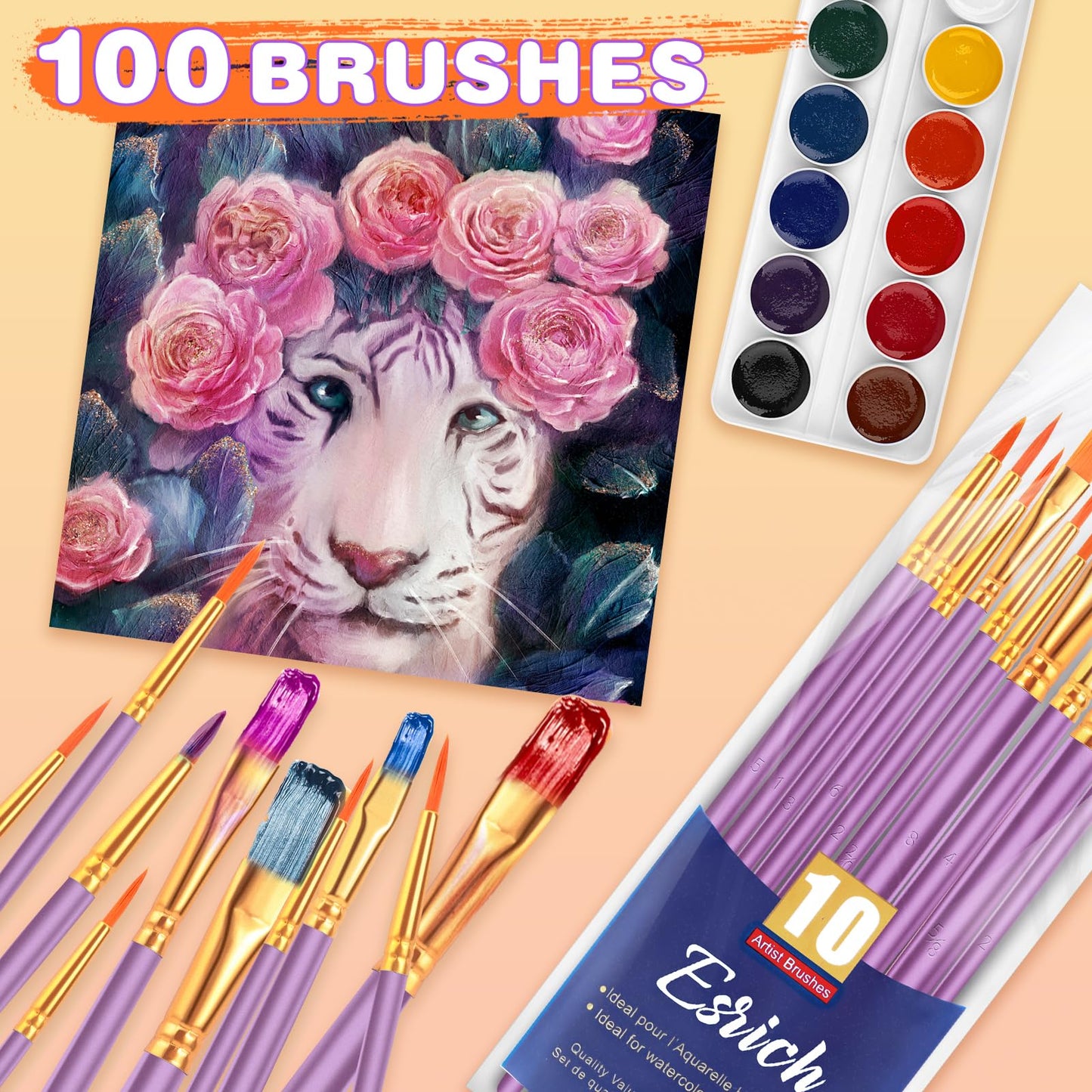 ESRICH Acrylic Paint Brushes Set, 10 Packs/ 100 Pcs Watercolor Brushes,Nylon Brush Head, for Oil Painting, Gouache, Face,Ceramics etc, Kid's and Adults Painting Arts and Crafts Paint Sets