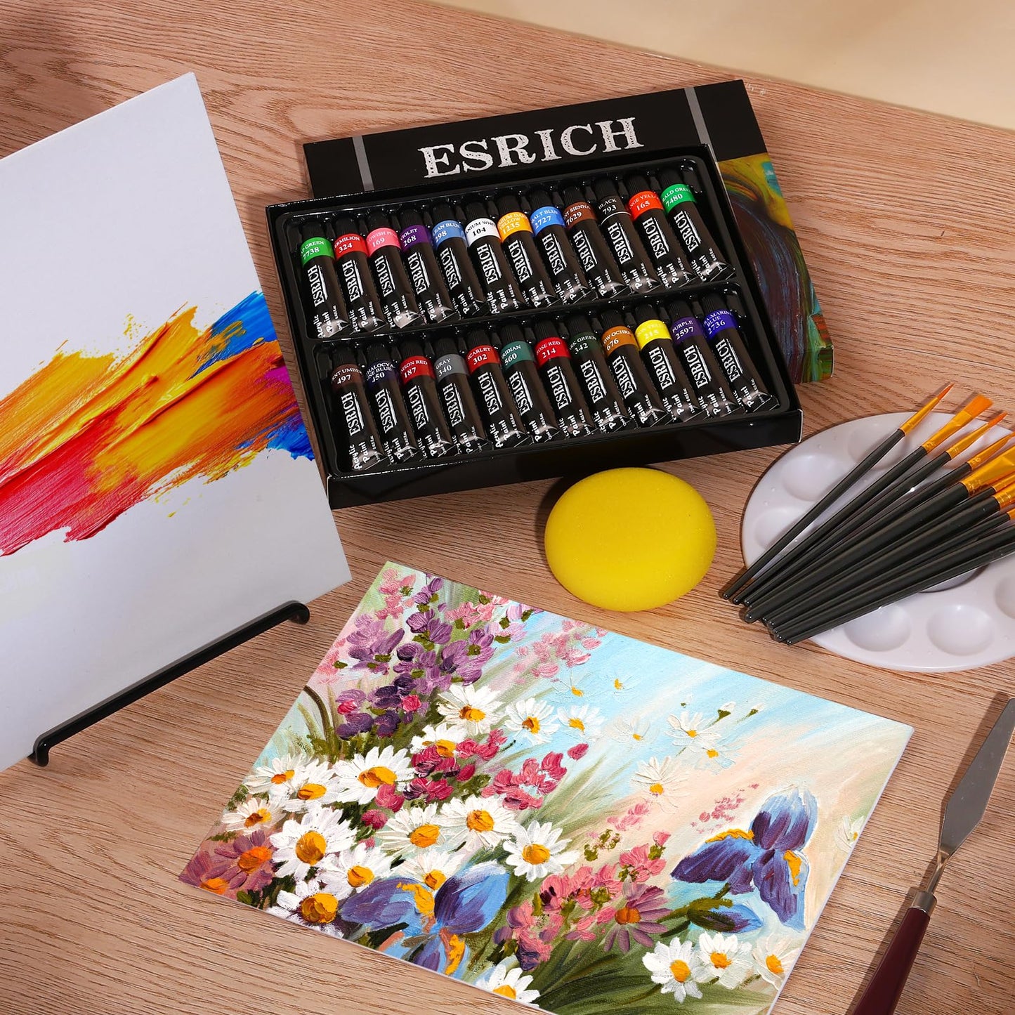 ESRICH 40PCS Acrylic Paint Set, Art Painting Supplies Kit with 24 Paints, 2 Canvas Panels,10 Brushes, Table Metal Easel Etc, Premium Paint Set for Students, Artists and Beginner